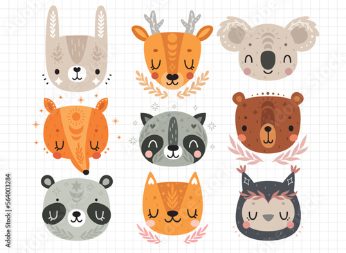 Fototapeta Naklejka Na Ścianę i Meble -  Cute Boho animals - rabbit, deer, koala, fox, bear, panda, raccoon, owl, cat. Childish characters for your design.