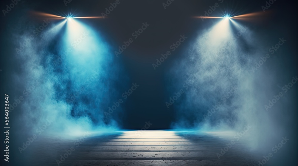 Fototapeta premium illustration of spotlights shine on stage floor in dark room, idea for background, backdrop Generative Ai
