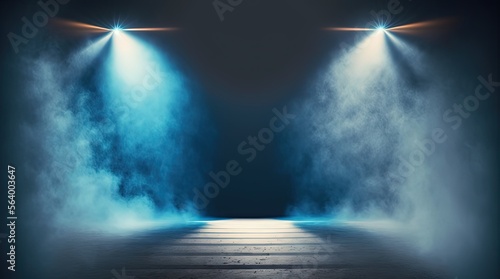 illustration of spotlights shine on stage floor in dark room, idea for background, backdrop Generative Ai © QuietWord