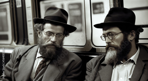 Two jewish men traveling in a train, black and white image - Generative AI