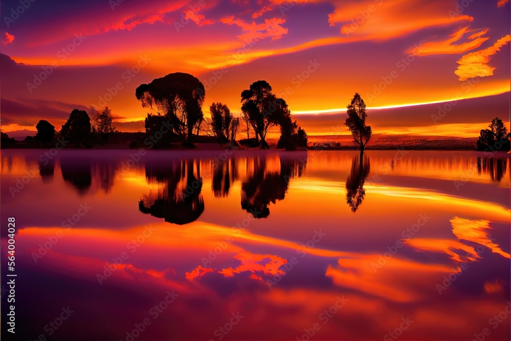 Sunset on the lake. Colorful Sky