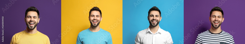 Obraz premium Collage with portraits of happy man on different color backgrounds