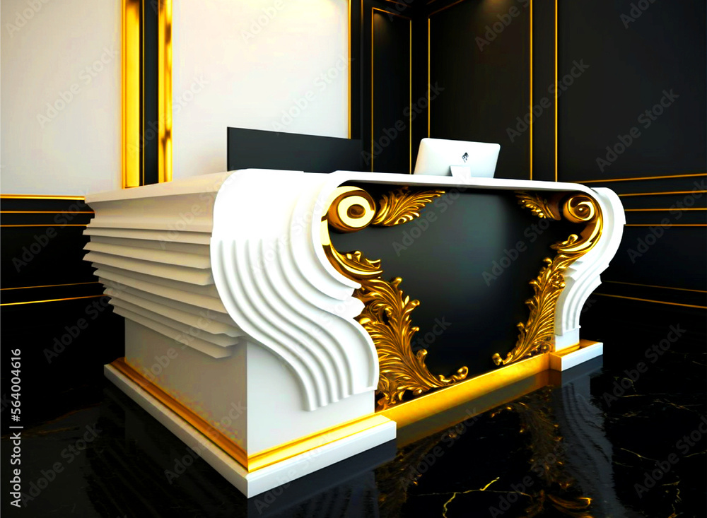 luxury dark white and gold reception desk for salon office with wall