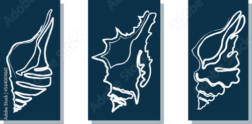 Artistic triptych of sinuous seashell. Hand drawings, one line. Shell strict silhouette. White vector illustration on blue-green background. Contour. Poster, interior painting, postcard, modern design
