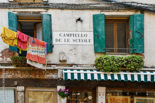 Street sign of Campiello delle Scuole square in the Jewish Ghetto (1516) of Venice, Italy