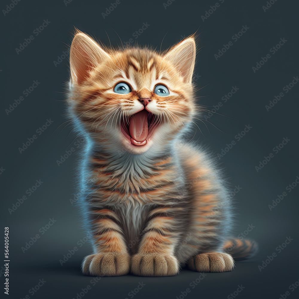 Cute kitten laughing. Small domestic cat kid yawning or smiling. Generative AI.