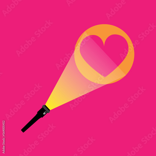 Light of love. Flashlight that shines like a heart. On a pink background. In flat style For postcards to Valentine's day. Vector