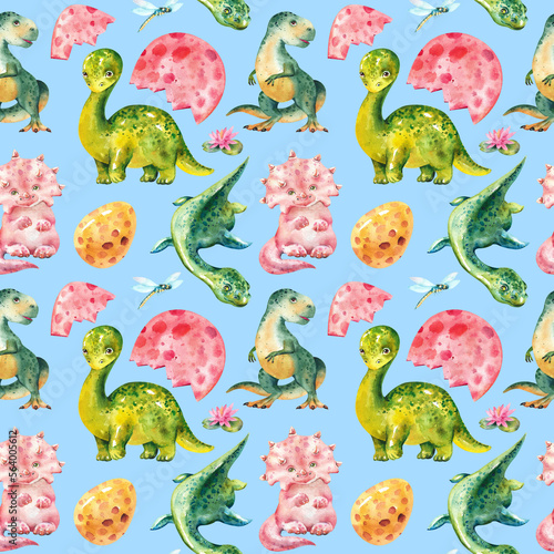 Watercolor pattern with dinosaurs. Children's drawings of various dinosaurs on a blue background