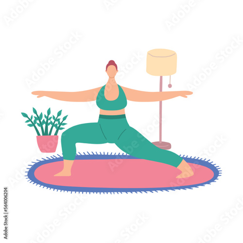Cartoon Color Character Woman Home Yoga Virabhadrasana Warrior Position Active Lifestyle Concept Flat Design Style. Vector illustration