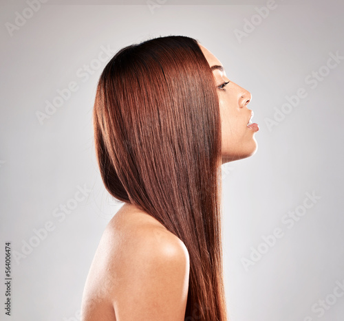 Hair care, beauty and luxury salon haircut of a woman with brazilian treatment in a studio, Gray background, isolated and natural healthy keratin shampoo of a model style shine after hairdresser