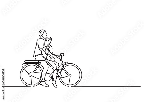 Fototapeta Naklejka Na Ścianę i Meble -  continuous line drawing vector illustration with FULLY EDITABLE STROKE - couple riding on bike