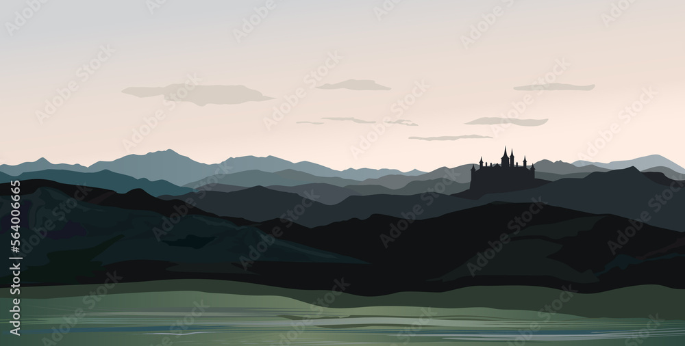 Mountain and hills with castle silhouette. Rural nature view background. Hills skyline with architectural detail