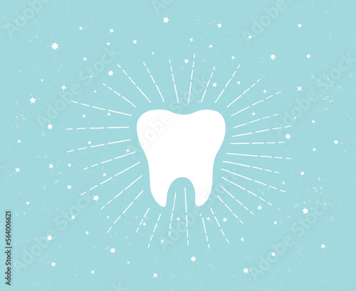 Tooth bright in rays and stars over retro noise background. Teeth hand drawing artistic medical icon. Dental symbol.