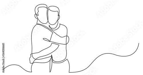 continuous line drawing vector illustration with FULLY EDITABLE STROKE - of gay couple hugging each other