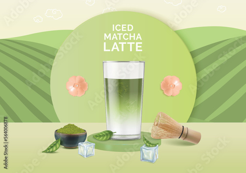 Realistic Detailed 3d Iced Matcha Latte Ads Banner Concept Poster Card. Vector illustration of Japanese Beverage