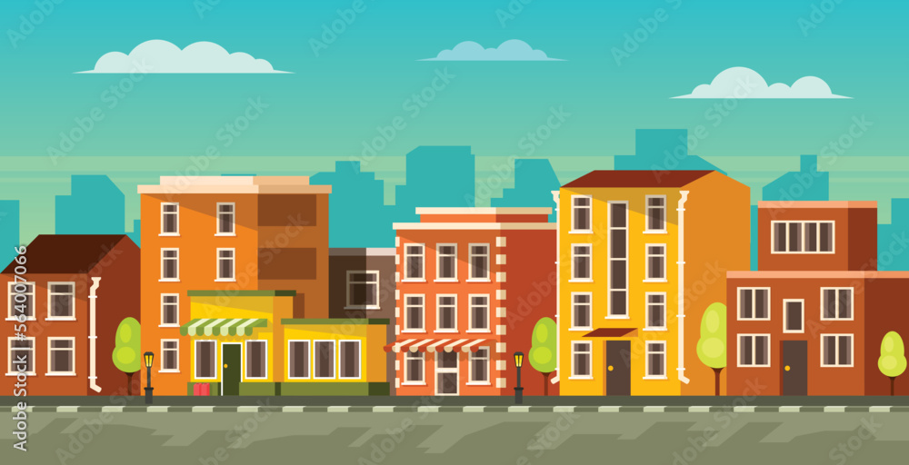City outskirts with low-rise houses on the background of metropolis. Vector graphics