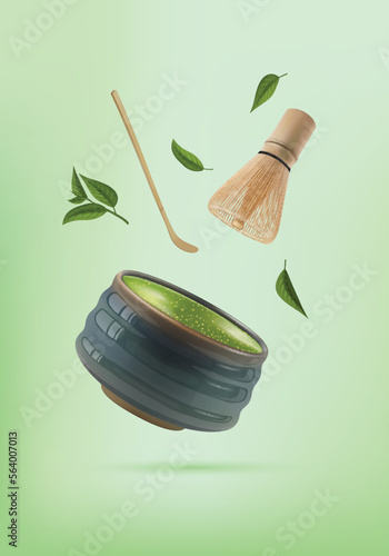 Realistic Detailed 3d Elements Japanese Matcha Tea Ceremony Concept on a Green for Tea House and Tea Shop. Vector illustration