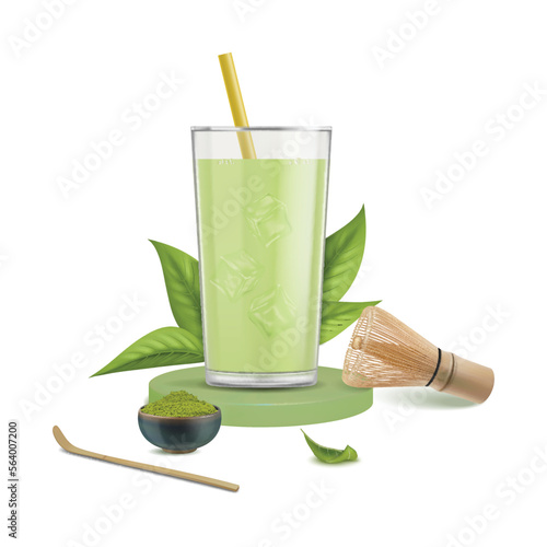 Realistic Detailed 3d Japanese Matcha Latte Drink in Glass Cup on Podium. Healthy Beverage Advertising for Cafe. Vector illustration