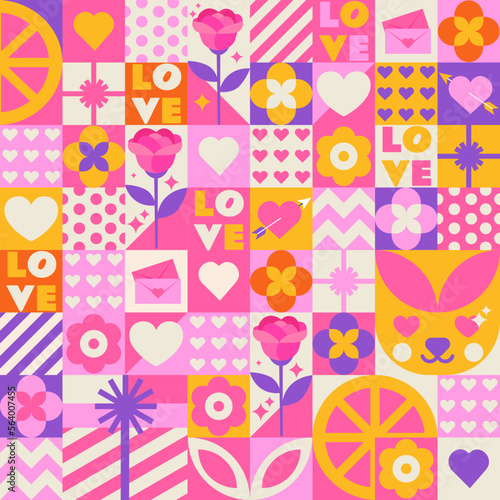 Cute, pink, mosaic pattern for Valentine's Day. Hearts, flowers, confessions of love, gifts and lots of love in one design.
