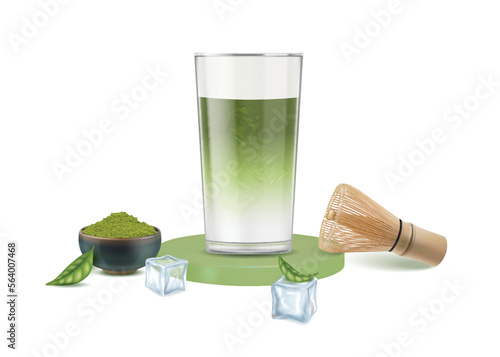 Realistic Detailed 3d Iced Japanese Matcha Latte in Glass Cup Japanese Drink made from Powder. Vector illustration