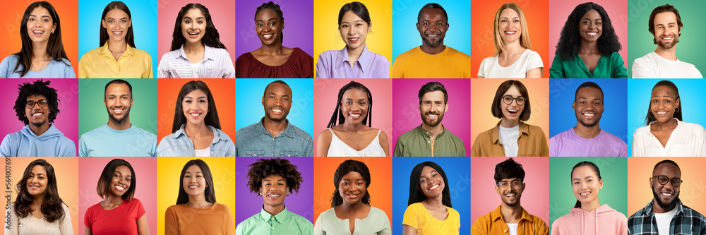 Collage With Diverse Happy Multiethnic People Faces Over Bright Studio Backgrounds Collage With Diverse Happy Multiethnic People Faces Over Bright Studio Backgrounds