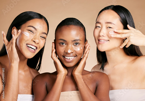 Diversity, woman and beauty portrait with cream for facial skincare wellness, luxury product and happy dermatology. Model, face and cosmetics happiness, lotion moisturizer and natural glowing skin