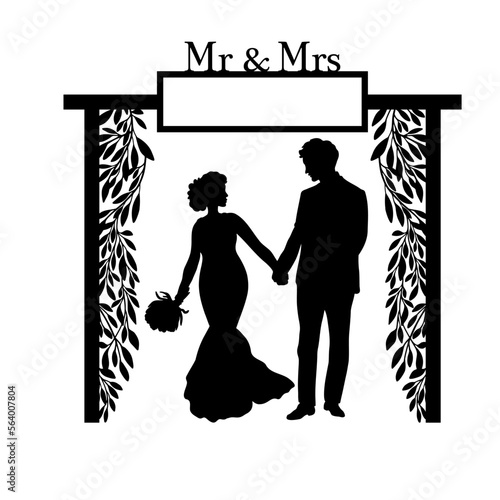 Wedding couple Silhouette Vector illustration, Love Bride and groom silhouettes, Wedding square arch, Love frame Mr and Mrs, New Family, Marriage couple