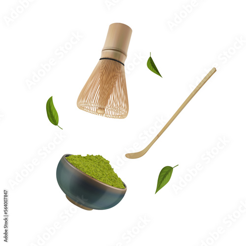 Realistic Detailed 3d Bamboo Whisk, Scoop and Bowl of Green Powder Set Matcha Concept Isolated on a White Background. Vector illustration