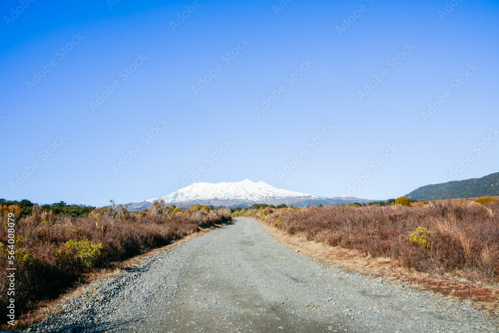 Gravel road and Mount Ruapehu snow capped under blue sky in wide landscape