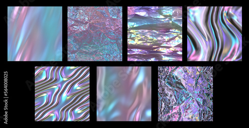 Set of unicorn holographic light tissue patterns textures - iridescent rainbow hologram silk material background photo
