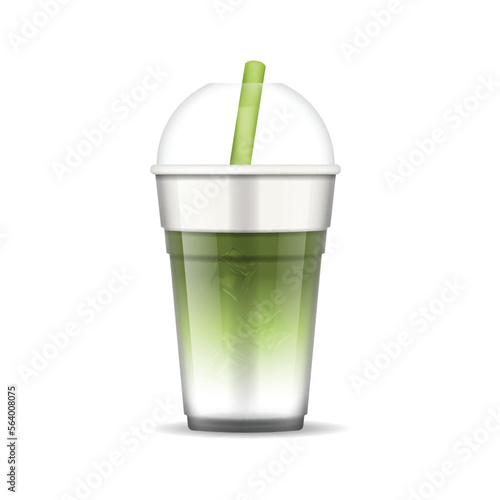 Realistic Detailed 3d Japanese Matcha Latte in Takeaway Plastic Cup with Cap Isolated on a White Background. Vector illustration