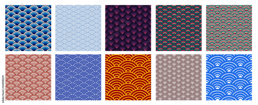 Set of seamless traditional Japanese folk seigaiha pattern textures - sea wave continuous surface background