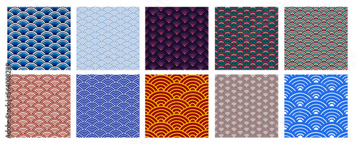 Set of seamless traditional Japanese folk seigaiha pattern textures - sea wave continuous surface background