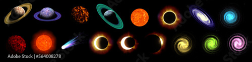 Set of celestial bodies  - Sun, Galaxy, eclipse elements collection
 photo