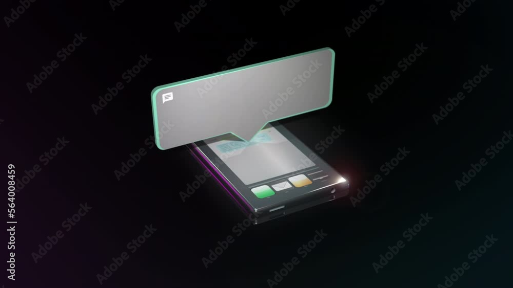 Chat app opened on smartphone on glass black table. Text window as placeholder Chat app opened on smartphone on glass black table. Text window as placeholder