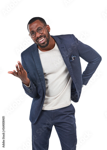 Confused, question and portrait of black man or businessman isolated against a studio white background. Wtf, huh and corporate professional employee, worker or entrepreneur asking gesture