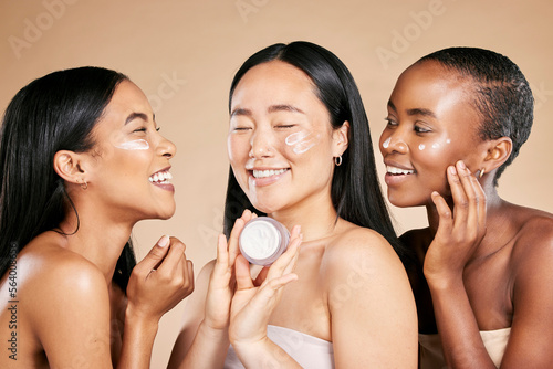 Photography Women, skincare cream and beauty friends with diversity for dermatology or cosmetic container