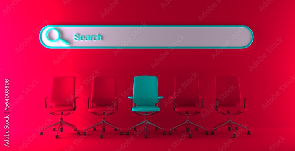 Obraz premium Searching for a new job opportunity. Office chair with blank search bar. Recruitment concept. We are hiring concept. 3D Rendering.