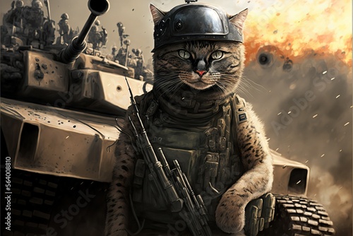 Illustration of a Soldier Cat with a tank and flames in background generative ai photo