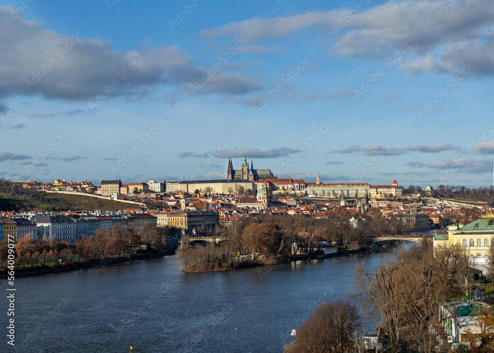 Panoramic view from above of the Vltava River if Prague old city center