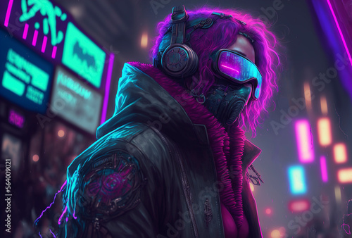 Ghostbuster woman in the cyberpunk city, futuristic city, neon lights of the metropolis, generative AI