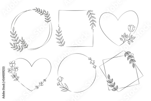 Set of 6 hand-drawn doodle style frames decorated with floral elements. Vector line art.