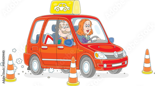 Novice driver girl and an experienced instructor in a car of a driving school while testing on a training ground, vector cartoon illustration isolated on a white background