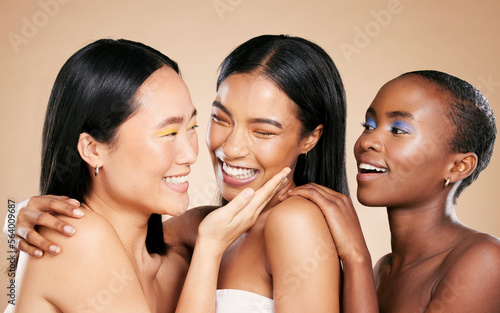 Diversity, beauty makeup and women smile for skincare wellness and cosmetics dermatology in brown background studio. Young model support, happiness and luxury spa treatment for natural glowing skin