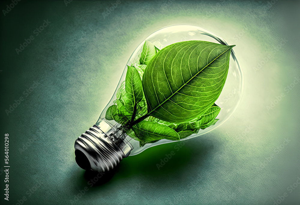 Light bulb glass with leaves inside with a metal base, incandescent light bulb 3d illustration