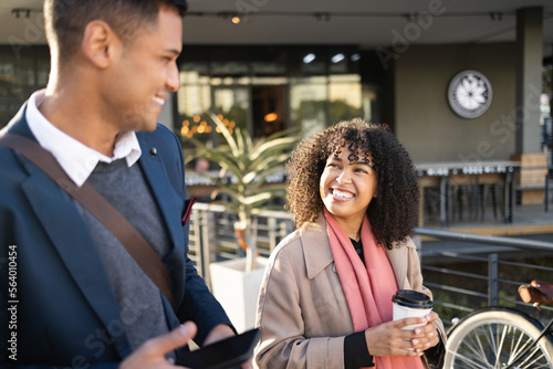 Photography Communication, coffee break and happy business people walking, talking or travel in San Francisco