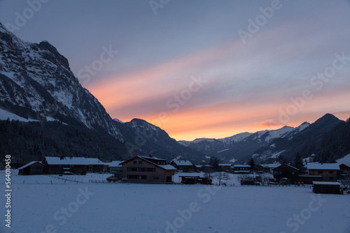 beautiful sunset in winter Bregenzerwald, Vorarlberg, Austria Schnepfau , view to the Kanisfluh