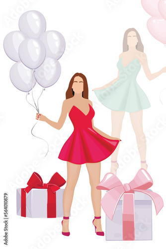 Valentine's Day element, Woman with balloons and gift. Valentines Day design concept