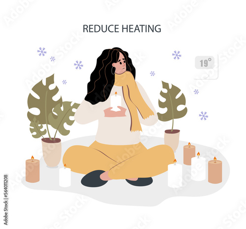 Reduce heating. Save Energy. Woman is wearing Winter Clothes, Home Thermostat with 19 degrees Temperate. Vector illustration.