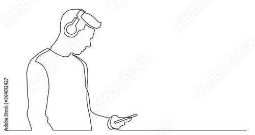continuous line drawing vector illustration with FULLY EDITABLE STROKE of young man holding phone listening music in headphones